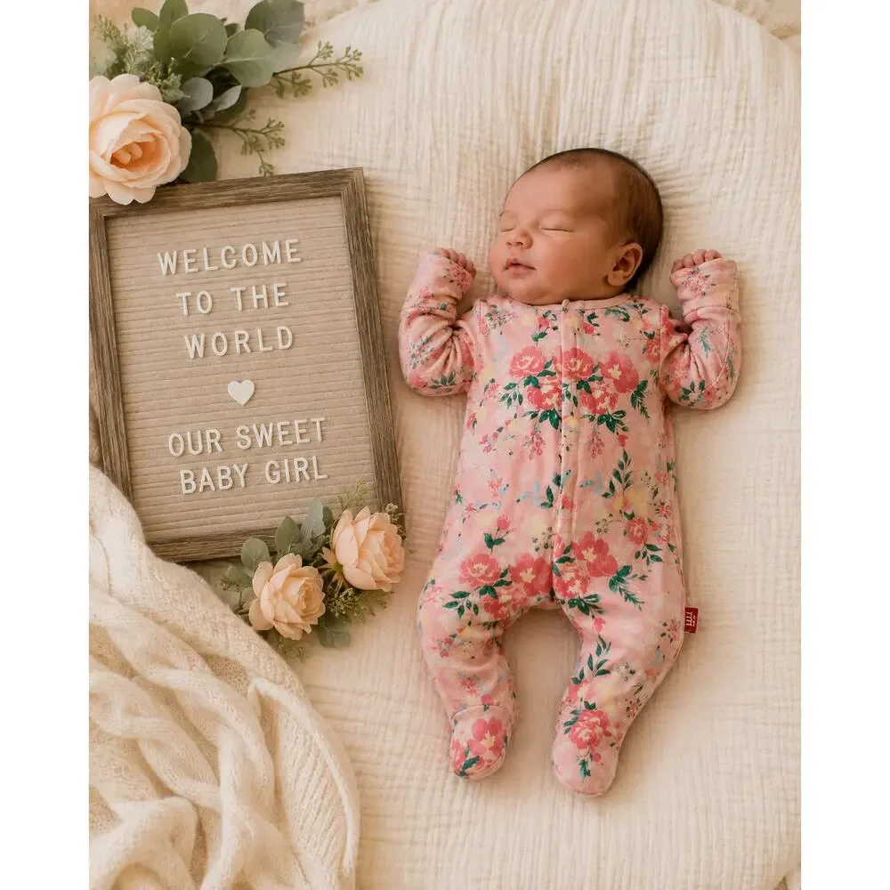 Magnetic Me Preemie Pink Floral Modal Magnetic Footie Sleeper Baby 5 lb
